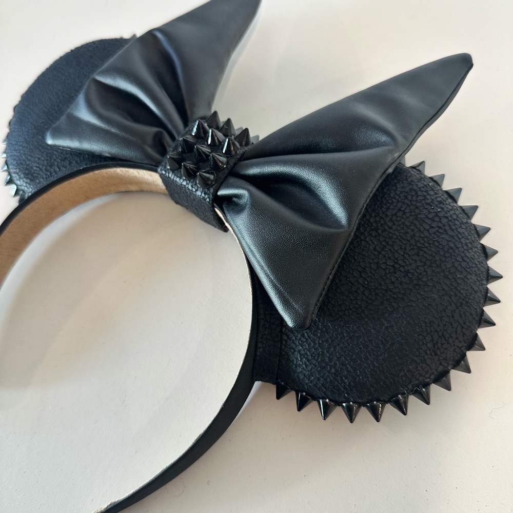 Punk Studded Mouse Ears Headband with Extra Large Black Leather Villain Bow - Picture 2 of 4
